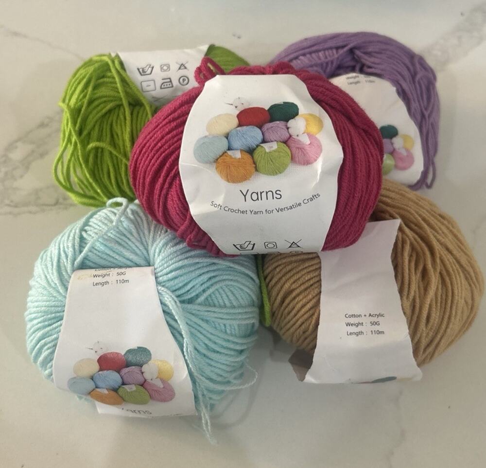 YARNS Mixed Lot of 5 Balls Cotton/Acrylic Soft Yarn for Crochet 50G 110m / Ball